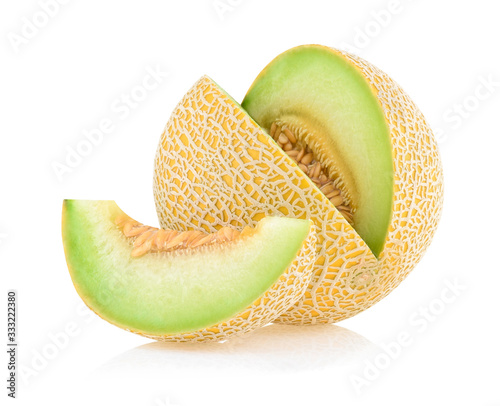 Cantaloupe melon with slices isolated on white background.