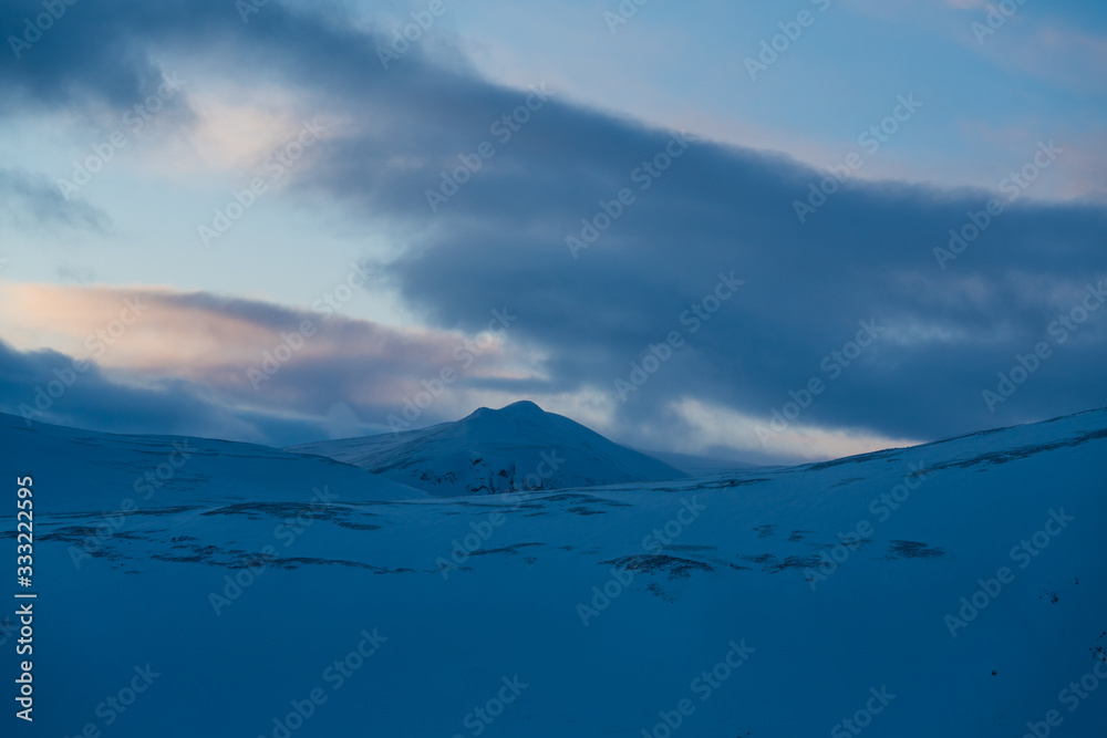 Sunrise over the mountains in Dovrefjell National Park