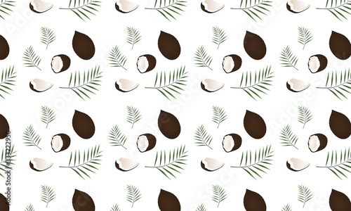 Colorful pattern of coconuts and palm leaves. Can be used in package design and textile. Vector illustration isolated on white background.