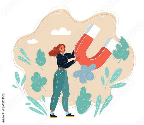 Vector illustration of woman with big magnet in her hands.