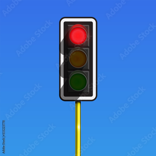 Realistic traffic lamp on a pole with all the lamps glowing, vector illustration