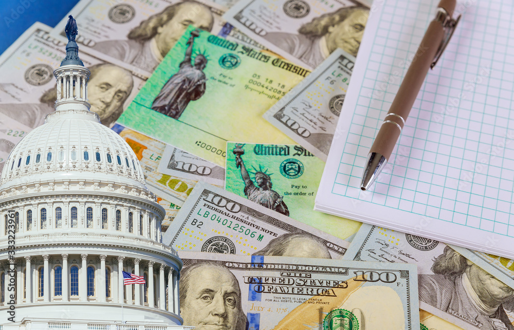 US Capitol Building on a COVID-19 on global pandemic lockdown stimulus package financial relief package government