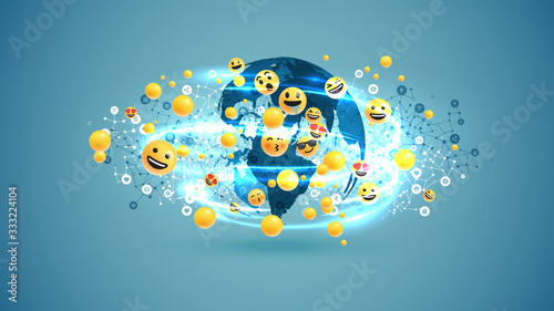 Different yellow emoticons and bubbles around the globe with light swirls and network, vector illustration
