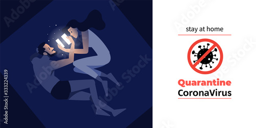 Coronavirus or Covid-19 quarantine. Stay at home with self quarantine to help slow outbreak and protect virus spread. a man and woman self isolation in his home with restricted area alert sign. Vector