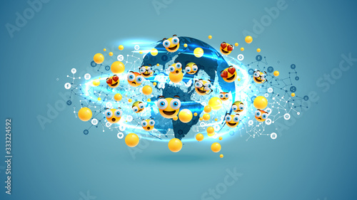 Different yellow emoticons and bubbles around the globe with light swirls and network, vector illustration