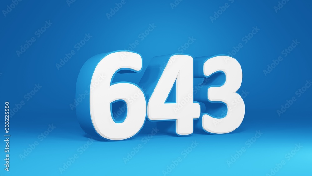 Number 643 in white on light blue background, isolated number 3d render