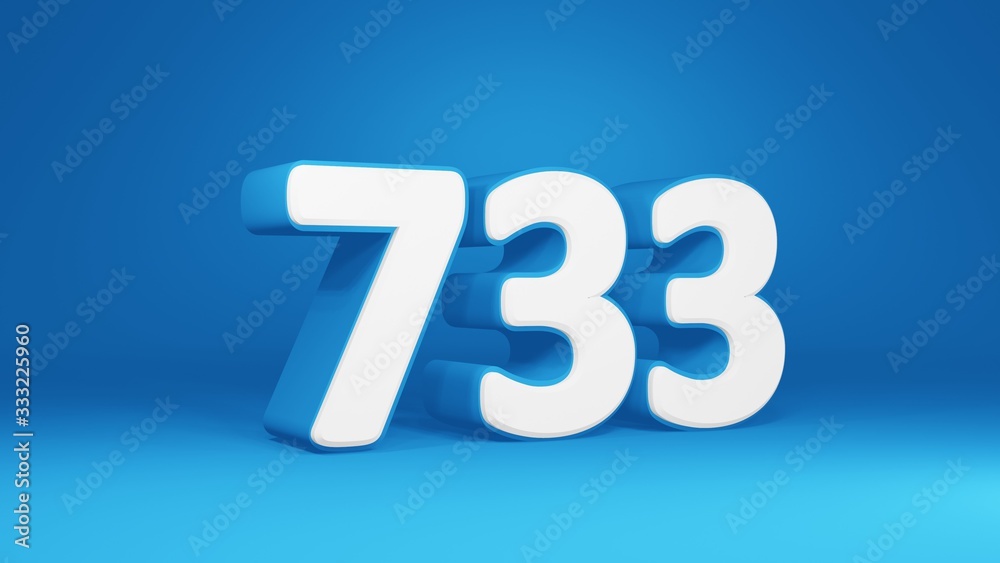 Number 733 in white on light blue background, isolated number 3d render