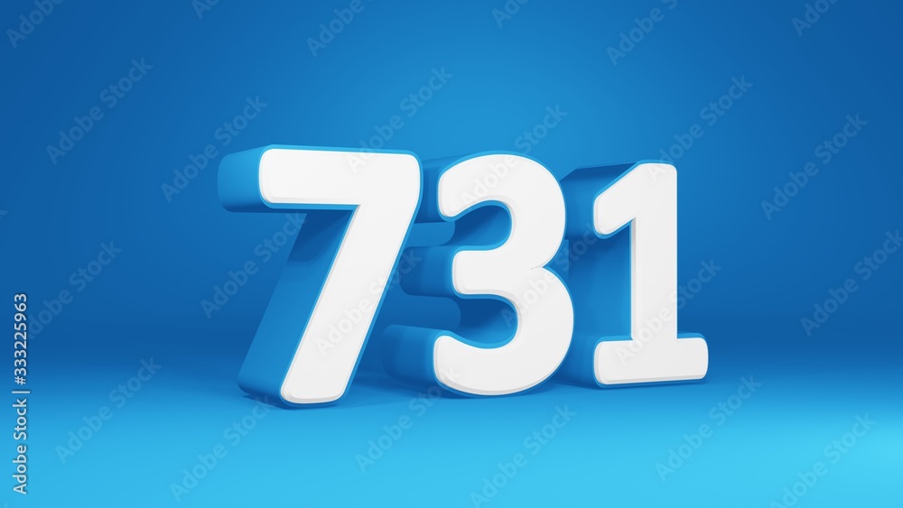 Number 731 in white on light blue background, isolated number 3d render Number 731 in white on light blue background, isolated number 3d render