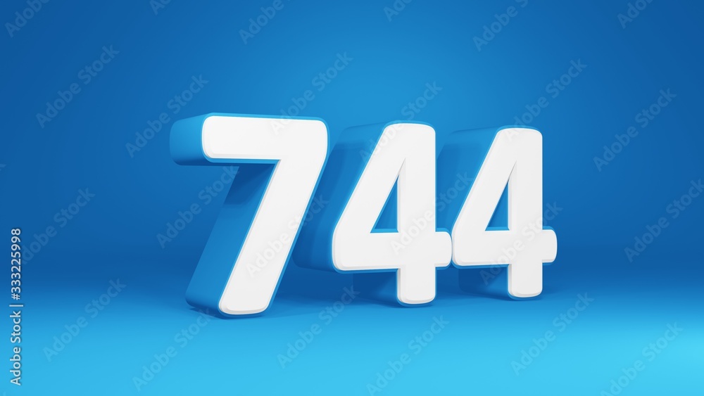 Number 744 in white on light blue background, isolated number 3d render