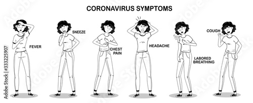 Isolated vector sketch in a charcoal-white style of coronavirus symptoms. The girl shows all possible signs of infection with the COVID-19 virus