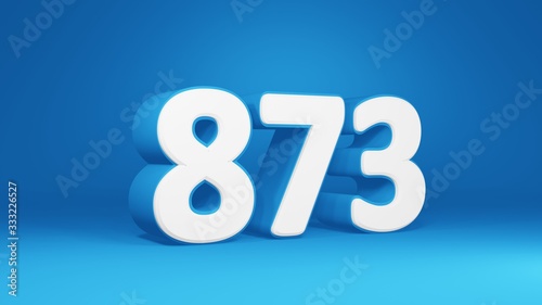 Number 873 in white on light blue background, isolated number 3d render