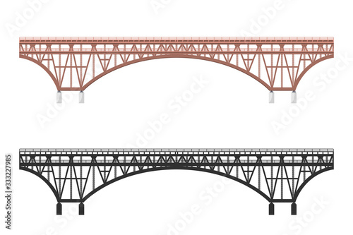 Isolated bridge. Black silhouette and colorfull image of railroad. Railway structure. Architectural structure for trains and cars