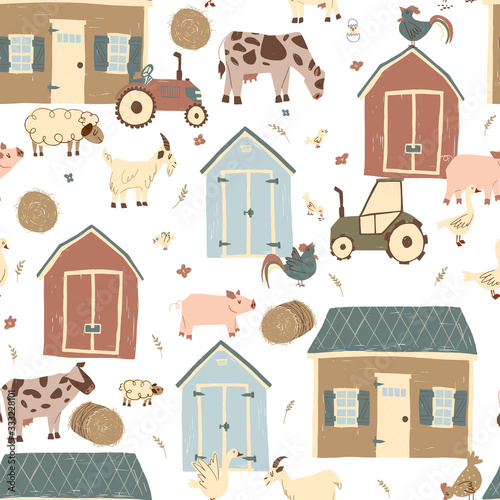 Farm house vector seamless pattern.  Cute farm pattern for kids on white background. Cartoon cow, sheep, chicken, barn, tractor, goose, sheep for wrapping paper, fabric, textile, wallpaper, home decor