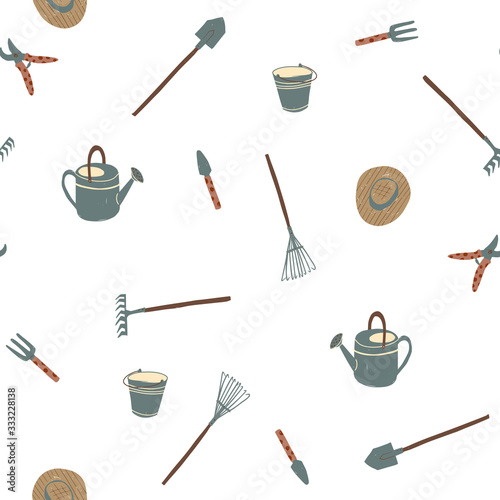 Gardening tools vector seamless pattern.  Cute farm pattern for kids on white background. Cartoon hat, bucket, watering can, pruner, shovel, rake for wrapping paper, fabric, textile, wallpaper, decor