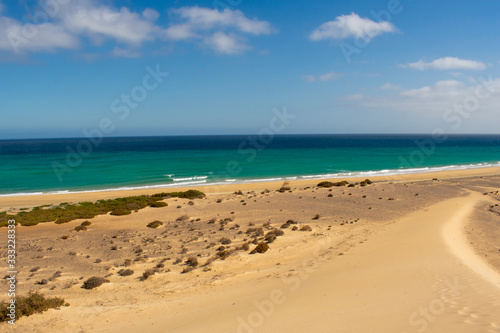 Fuerteventura, Canary Islands, Spain. Beautiful landscape of mountains, beach and coast of Atlantic Ocean 