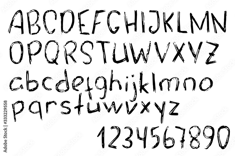 Textured English script. Grunge vector alphabet on white background Black ink scribble letter and number Textured English script. Grunge vector alphabet on white background Black ink scribble letter and number