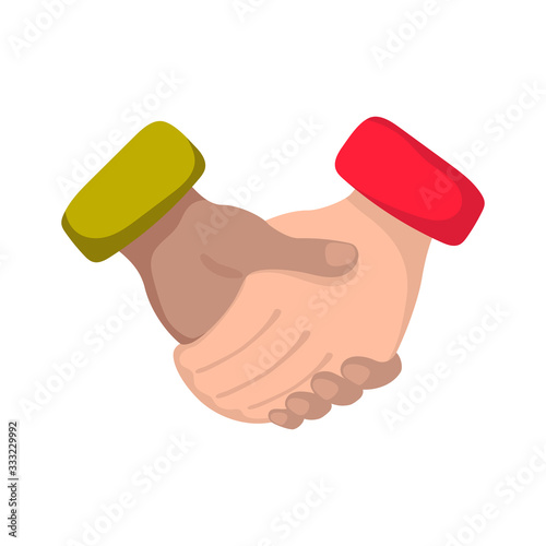 Hand shake of two people with different skin colors, vector icon on white background. Different nations handshake