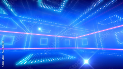 Disco club space illumination neon light room floor wall 3D illustration abstract background