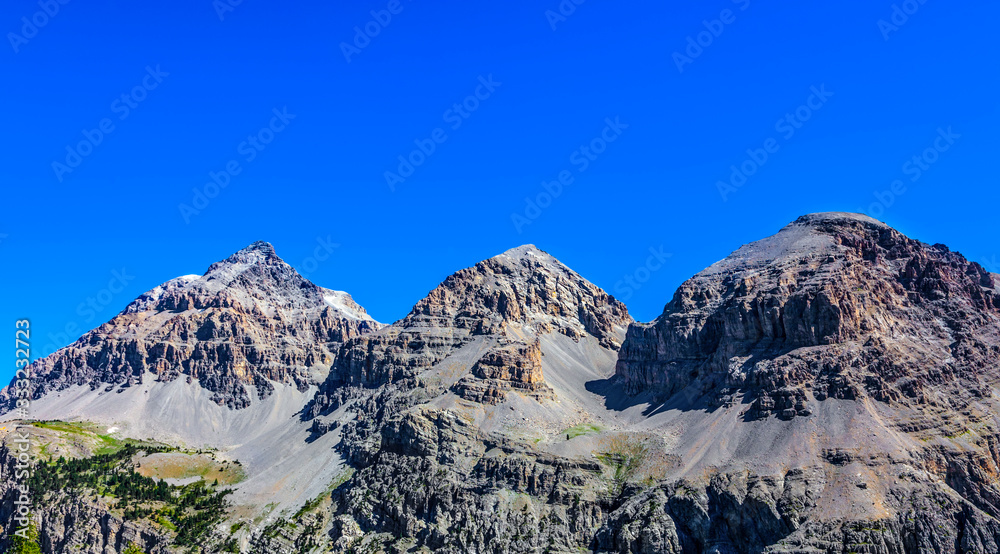 Close-up of three peaks of Le Rois Mages (Baltazar 3153m, Melchior 2948 m, Gaspard 2808 m) located  on Etroite Valley- Hautes-Alpes.