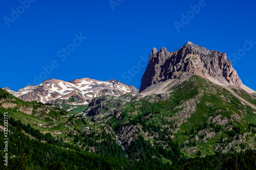 Summer image of Mount Thabor (3178 m) and Le Grand Seru(2889m) located in Etroite Valley in Hautes-Alpes, France.