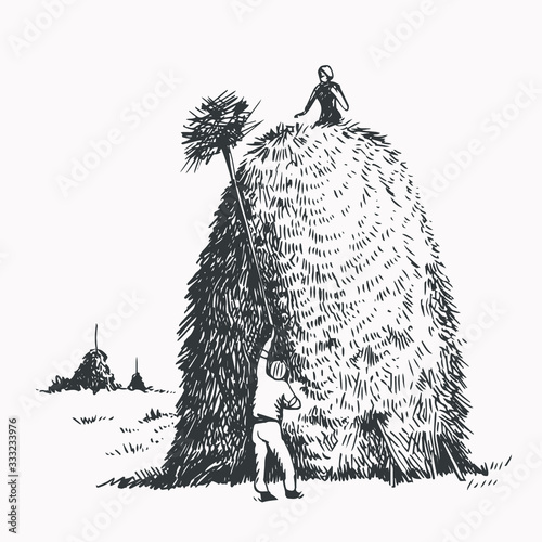 Haystack, hay, grass, illustration in vintage style