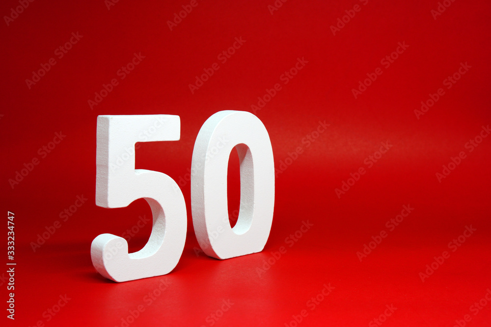 Fifty ( 50 ) white wooden Isolated Red Background with Copy Space - New promotion 50% Percentage Business finance Concept Fifty ( 50 ) white wooden Isolated Red Background with Copy Space - New promotion 50% Percentage Business finance Concept