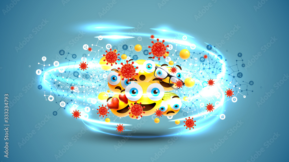 Different yellow emoticons and bubbles around the globe with light swirls and coronavirus, vector illustration