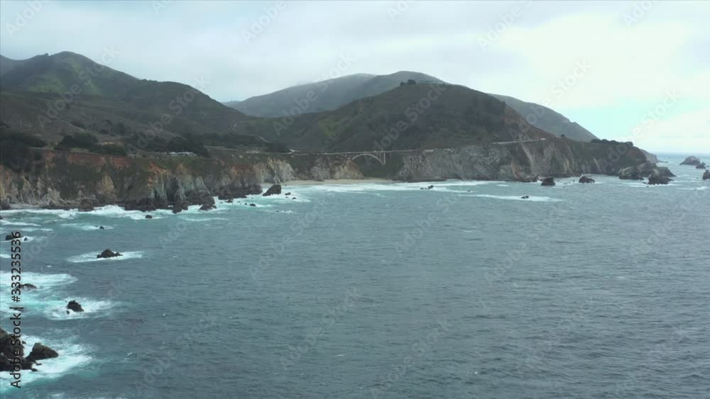 Aerial drone shot of the Bixby Creek Bridge in Monterey, California, USA Aerial drone shot of the Bixby Creek Bridge in Monterey, California, USA