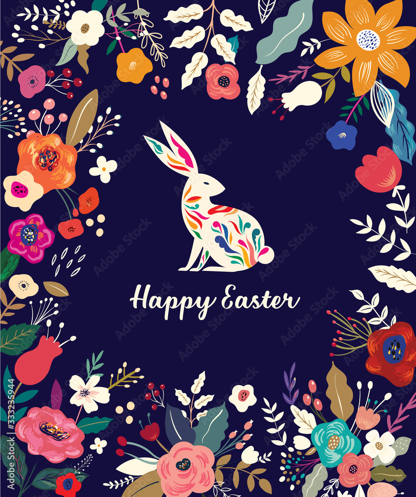 Colorful illustration with easter rabbit. appy easter greeting card with decorative easter bunny and spring flowers 
