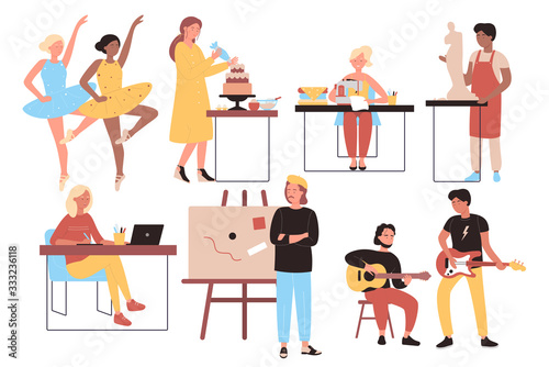 Creative professions and works set flat design vector illustration isolated on white background. Occupation characters. Dancer, sculptor, musician, artist, designer, tailor, culinary specialist