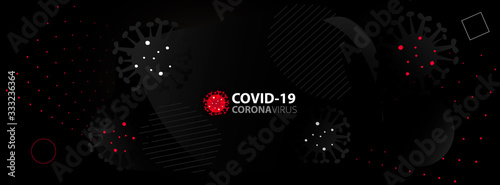 Coronavirus (Covid-19) black dark background for social media. Minimal geometric with red, white dots, 3d model flu virus. Pandemic worldwide globally. Fluid abstract text banner 2020 situation update