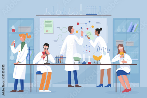 Students team, group scientists in science laboratory flat character vector illustration concept
