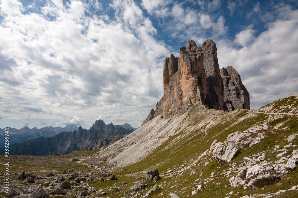 view of the Three Peaks of Lavaredo , south-east side. National Park Tre Cime di Lavaredo, Alps mountain chain, Trentino Alto Adige region, Sudtirol, Italy