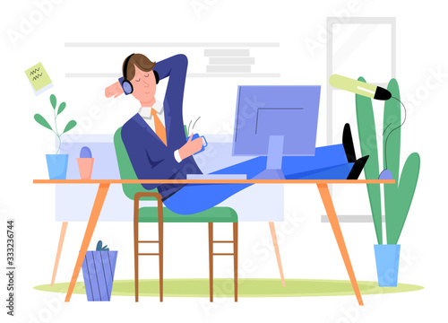 Man businessman has break and relaxes at workplace in office flat vector illustration concept. Boss on chair enjoy, listening music in headphones, drinking tea, coffee, legs on desk