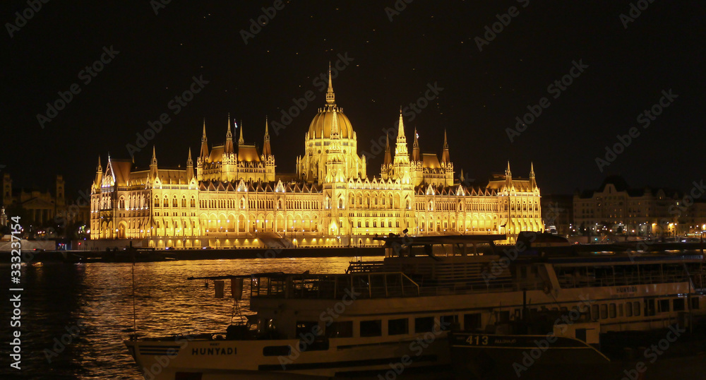 Hungarian parliament in Budapest at night.