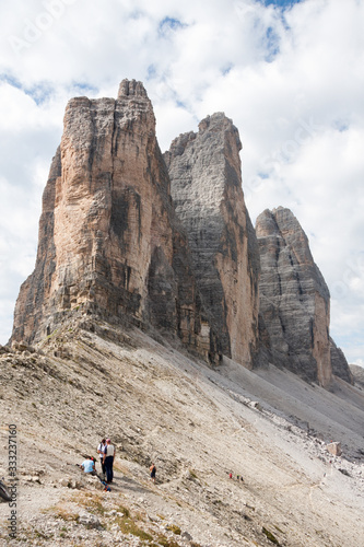 view of the Three Peaks of Lavaredo , east side. National Park Tre Cime di Lavaredo, Alps mountain chain, Trentino Alto Adige region, Sudtirol, Italy