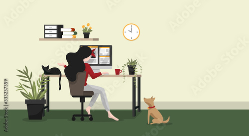 Work form home concept background of woman working with computer on table in room at her home with a cup of coffee and her pets with your copy space. Stay at home for save from coronavirus disease. 