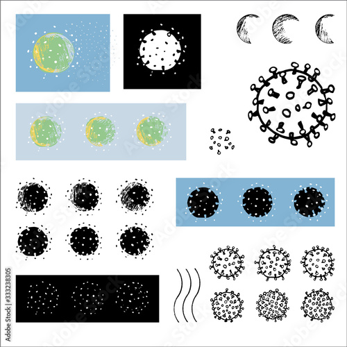 Vector abstract virus illustration set withhand drawn irregular germ. Cutout, linocut, doodle style. Healthcare, infographic, packaging. photo