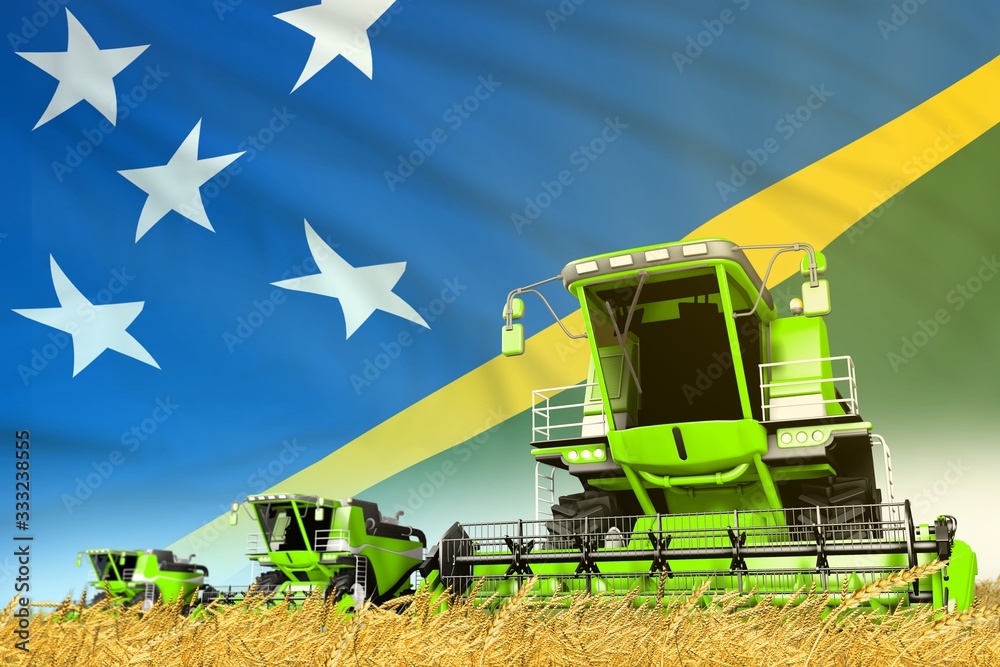 Fototapeta premium industrial 3D illustration of green rye agricultural combine harvester on field with Solomon Islands flag background, food industry concept