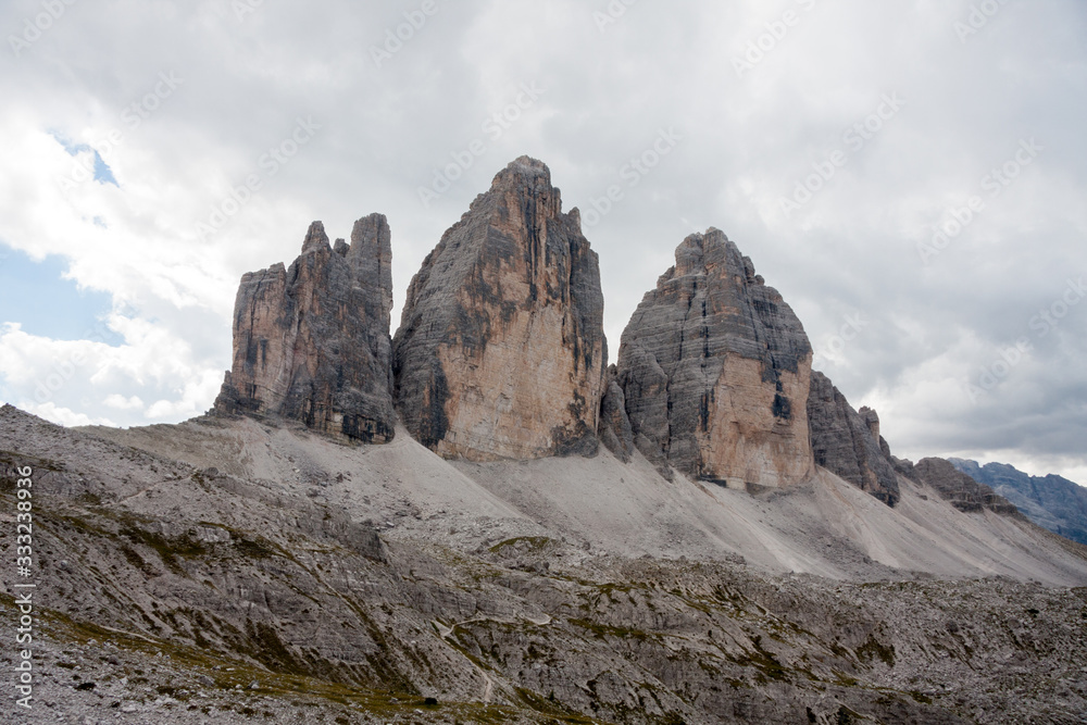 view of the Three Peaks of Lavaredo. National Park Tre Cime di Lavaredo, Alps mountain chain, Trentino Alto Adige region, Sudtirol, Italy