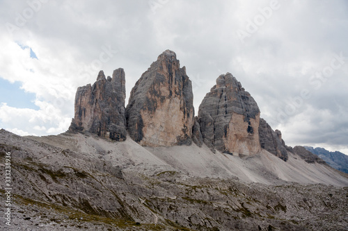 view of the Three Peaks of Lavaredo. National Park Tre Cime di Lavaredo, Alps mountain chain, Trentino Alto Adige region, Sudtirol, Italy