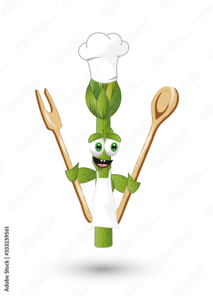 lustige Comic Figur als Spargel Koch mit Kochmütze Stock Vector Adobe