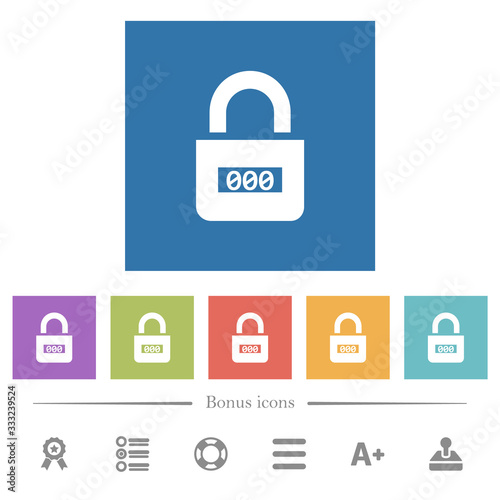 Locked combination lock with center numbers flat white icons in square backgrounds