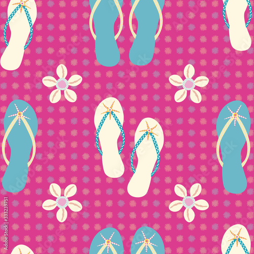 Flip flop shoe seamless vector pattern background. Elegant sandals, starfish, cowrie shell geometric textured backdrop. All over print for tropical beach wedding, honeymoon oceanside resort concept