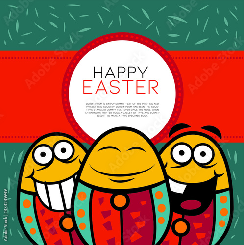 Egg cartoon character with happy face stand on the nest.Easter greeting vector drawing illustration