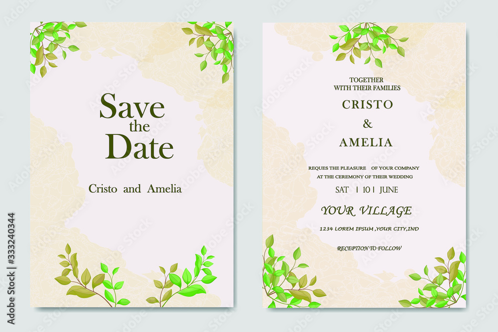beautiful wedding card invitation design with leaf