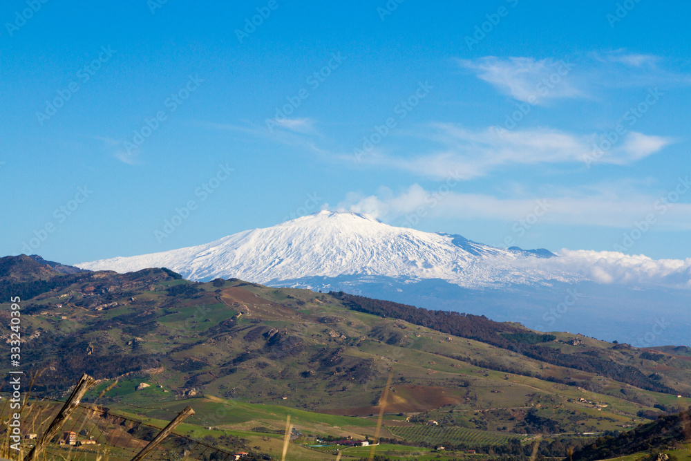 View from Agira on hinterland and Pozzillo Lake, on background volcano Etna