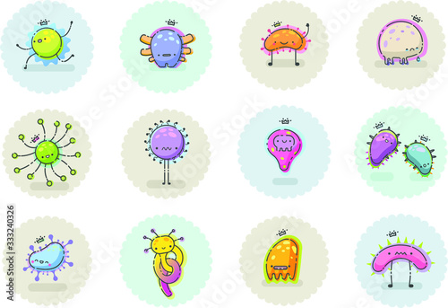 Vector set illustration of coronavirus bacteria cute cartoon character, little monster. infection icon baby picture. 