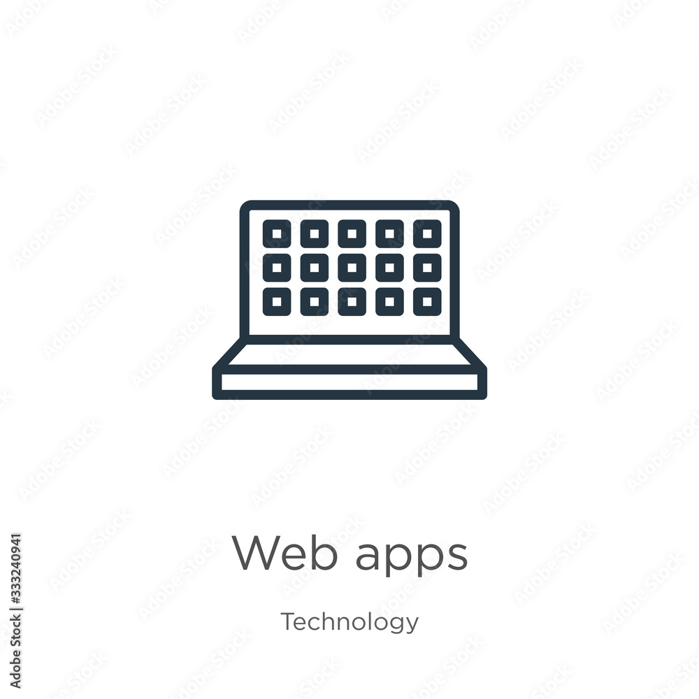 Web apps icon. Thin linear web apps outline icon isolated on white background from technology collection. Line vector sign, symbol for web and mobile Web apps icon. Thin linear web apps outline icon isolated on white background from technology collection. Line vector sign, symbol for web and mobile