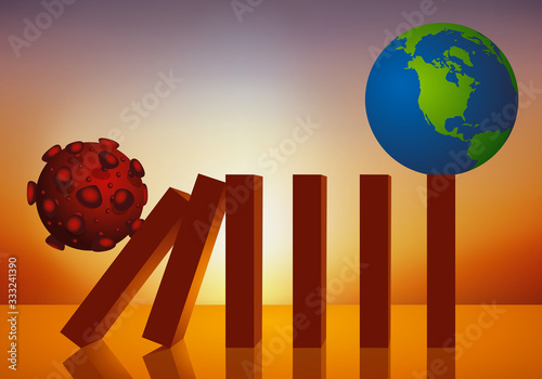 Concept de l’effet domino avec le coranavirus qui met en péril le système commercial international en provoquant l’effondrement des marchés boursiers.